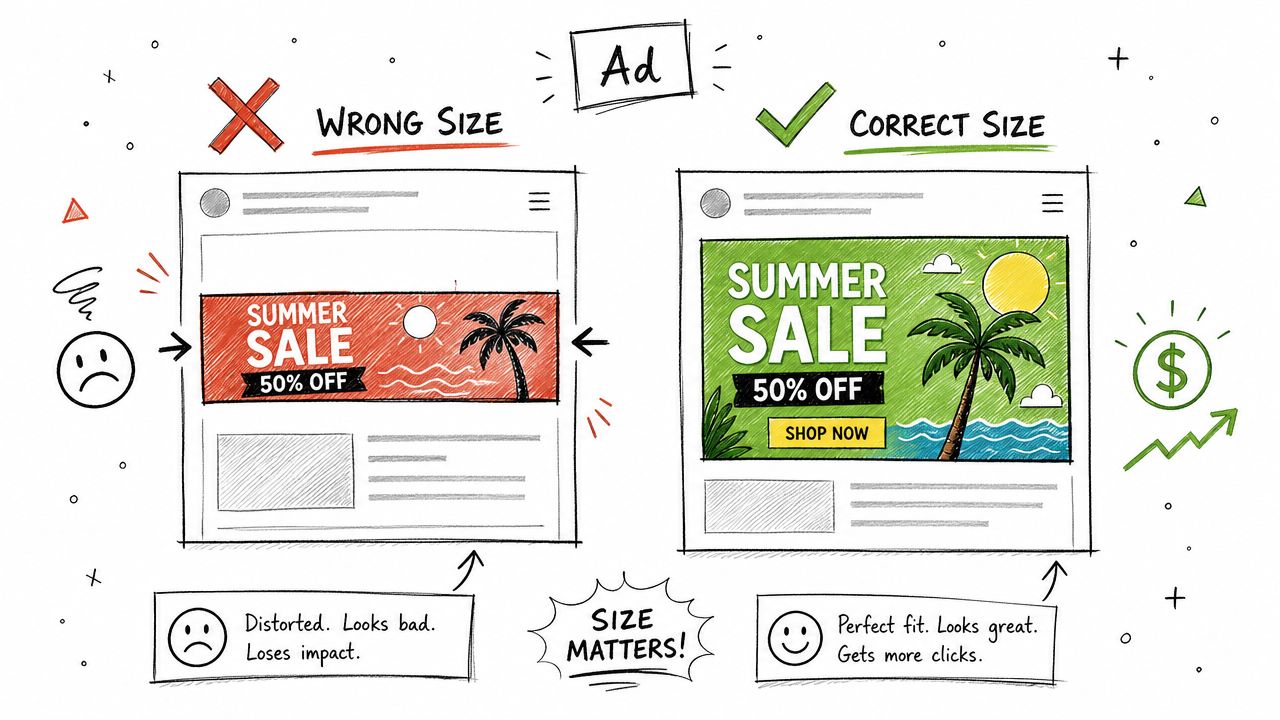 A diagram comparing incorrectly and correctly sized advertisement graphics to show how dimensions affect marketing impact.