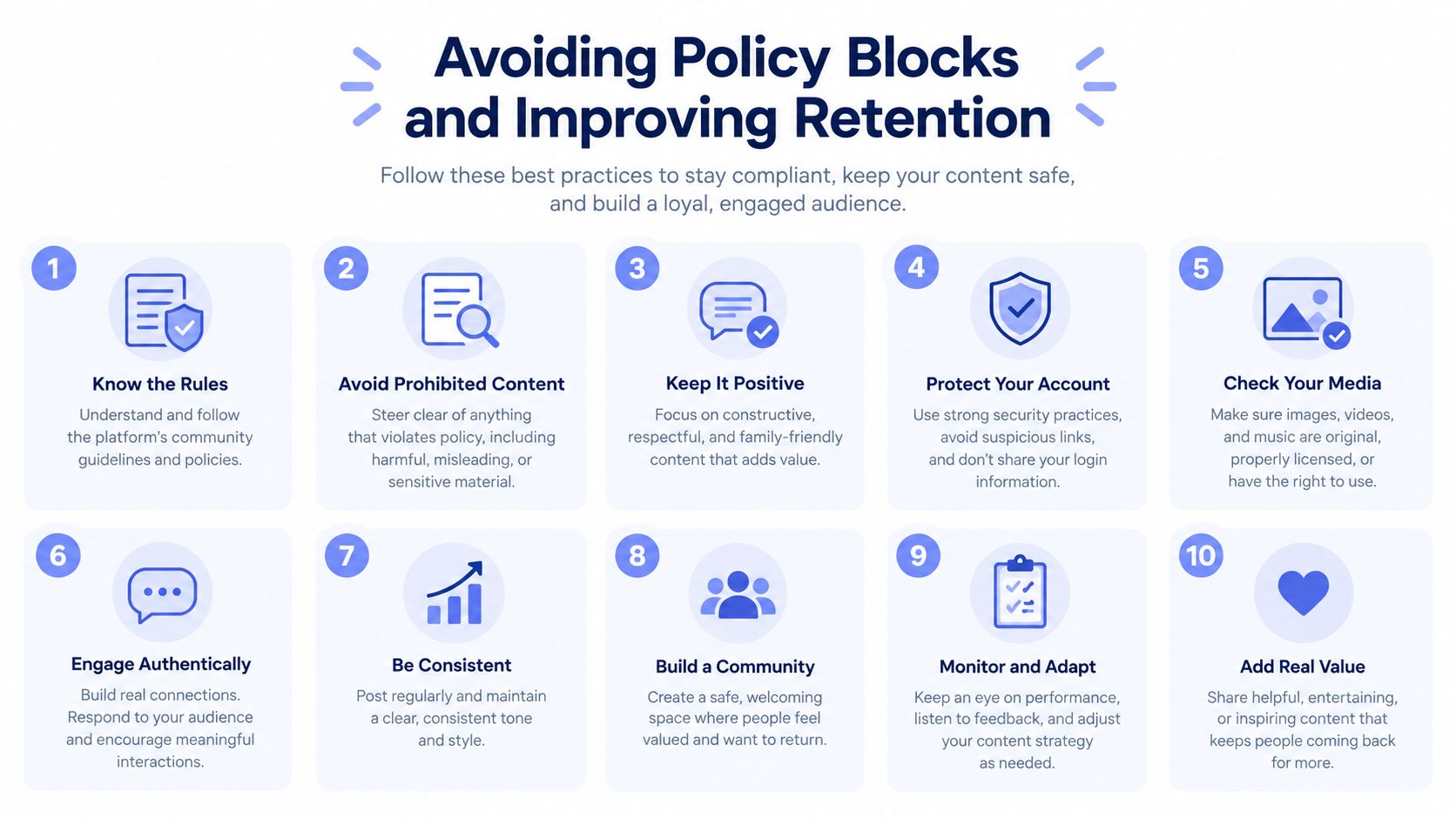 A ten-point infographic providing best practices for social media compliance and audience retention strategies.