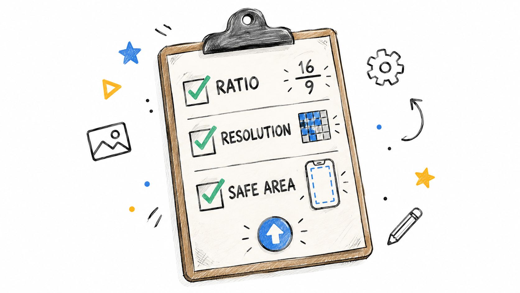 A clipboard illustration listing TikTok technical requirements including aspect ratio, resolution, and safe area for content creation.