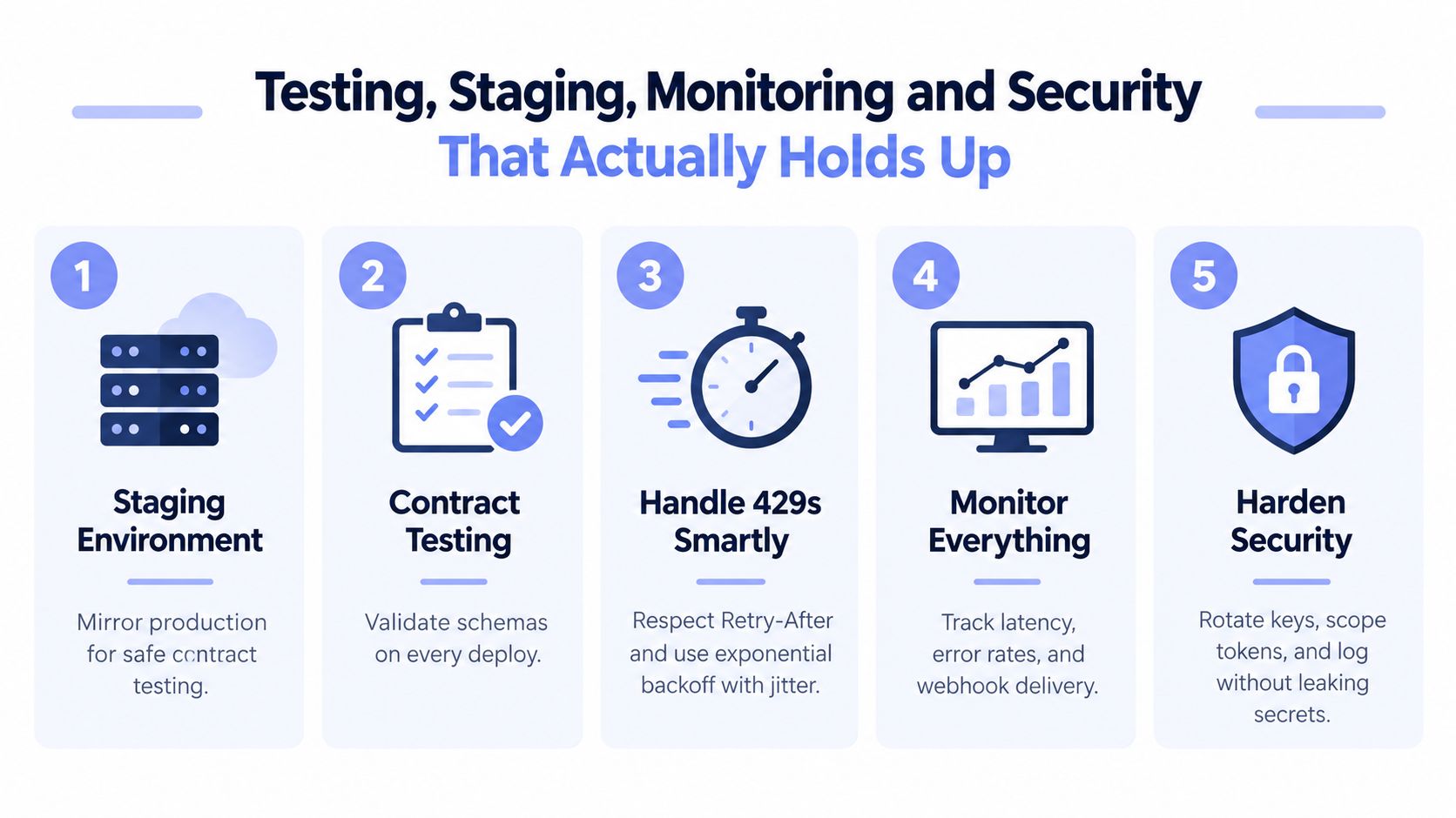 A diagram outlining five key steps for API stability, including staging, contract testing, and security hardening.