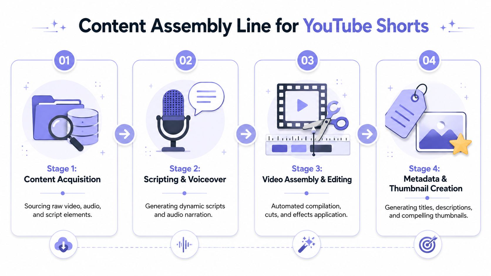 A flowchart showing the four-stage content assembly line process for creating and automating YouTube Shorts videos.