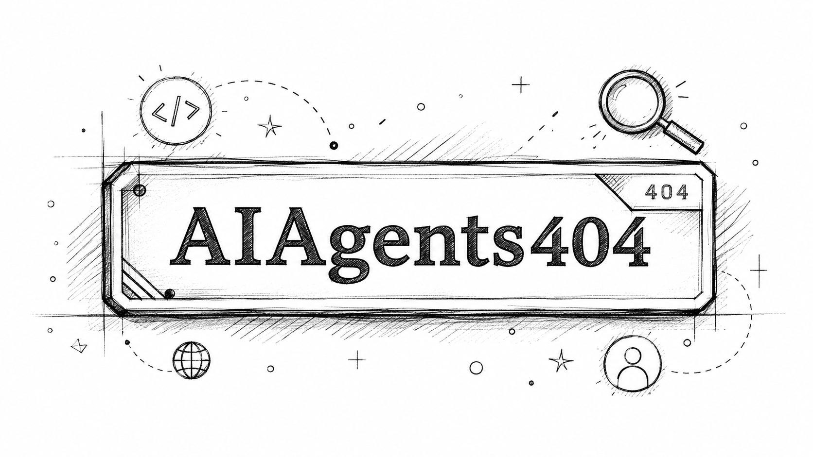 A hand-drawn sketch of a rectangular banner with the text AIAgents404, surrounded by various tech-themed doodles.