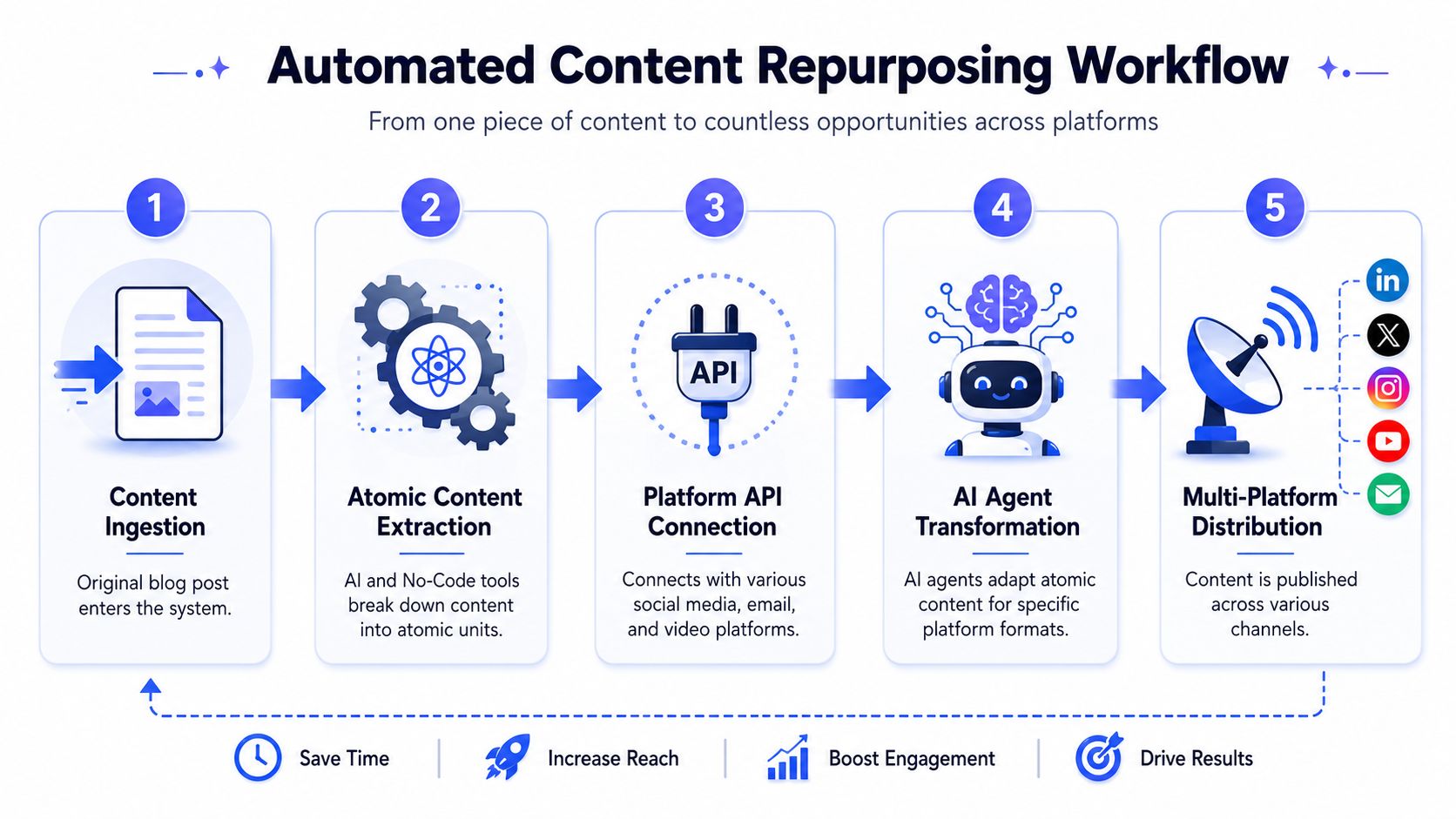 A five-step infographic showing an automated content repurposing workflow, from content ingestion to multi-platform distribution.