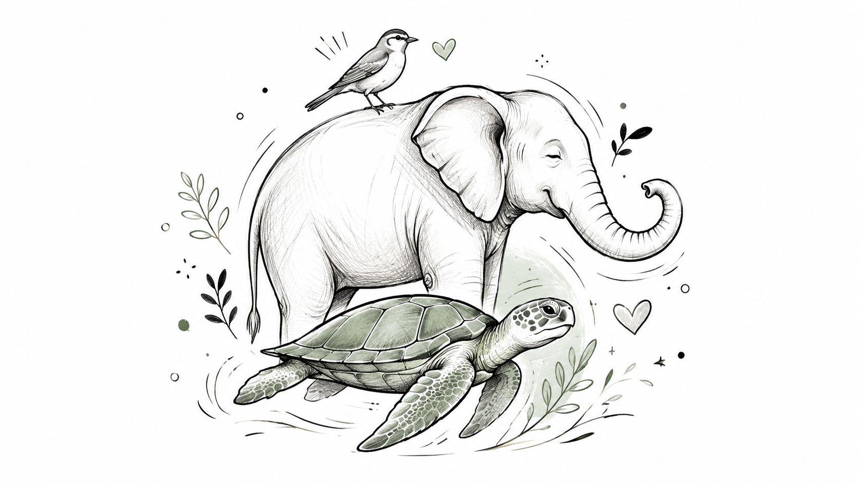A gentle pencil sketch of an elephant, a sea turtle, and a bird surrounded by botanical elements.