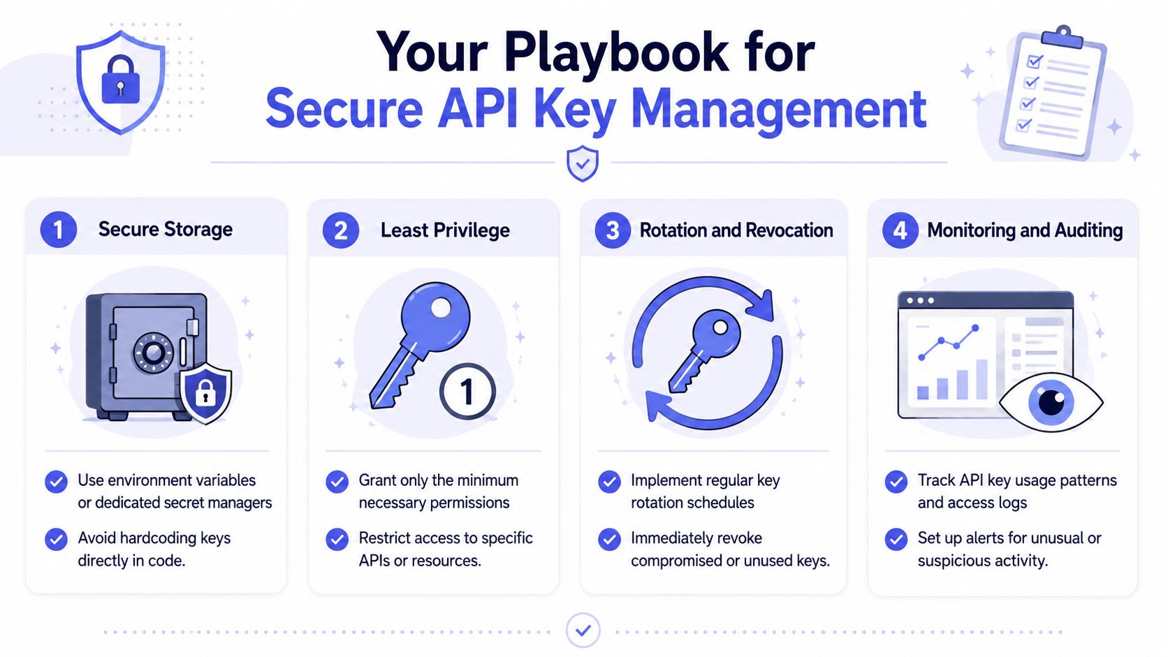 An infographic titled Your Playbook for Secure API Key Management outlining four best practices for developers.