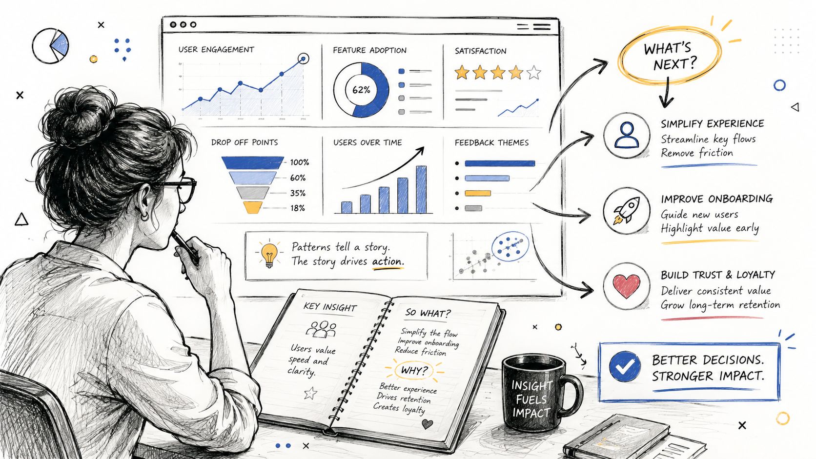 A woman sketching data insights and user analytics on a notebook while reviewing business dashboard charts.