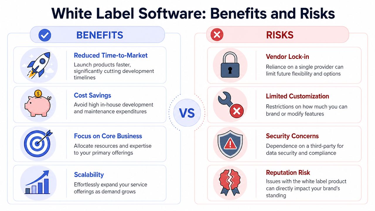 A comparison infographic showing the key benefits and potential risks of using white label software solutions.
