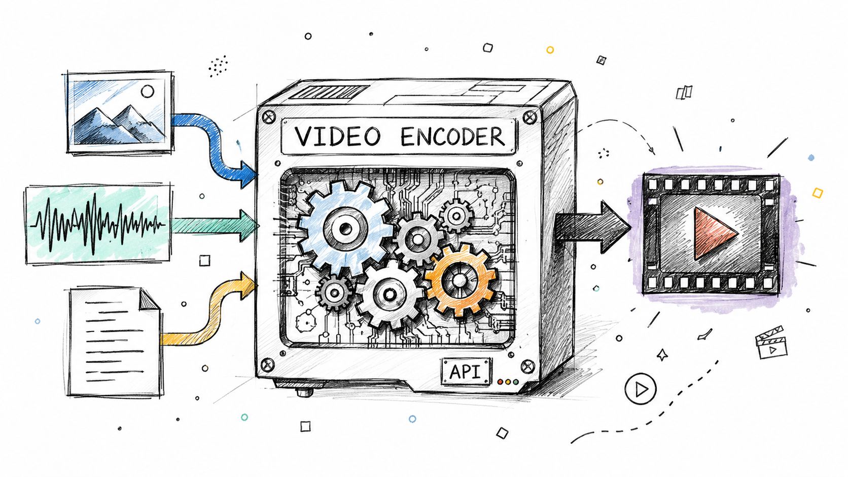 A conceptual diagram showing multimedia files like image, audio, and text entering a video encoder to produce video.