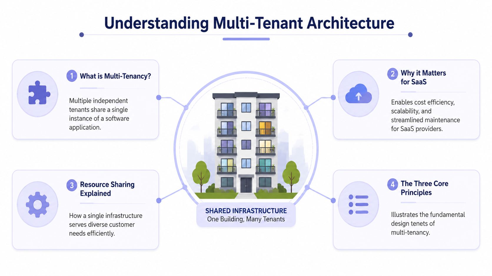 A diagram explaining multi-tenant architecture using an apartment building analogy to represent shared software infrastructure.