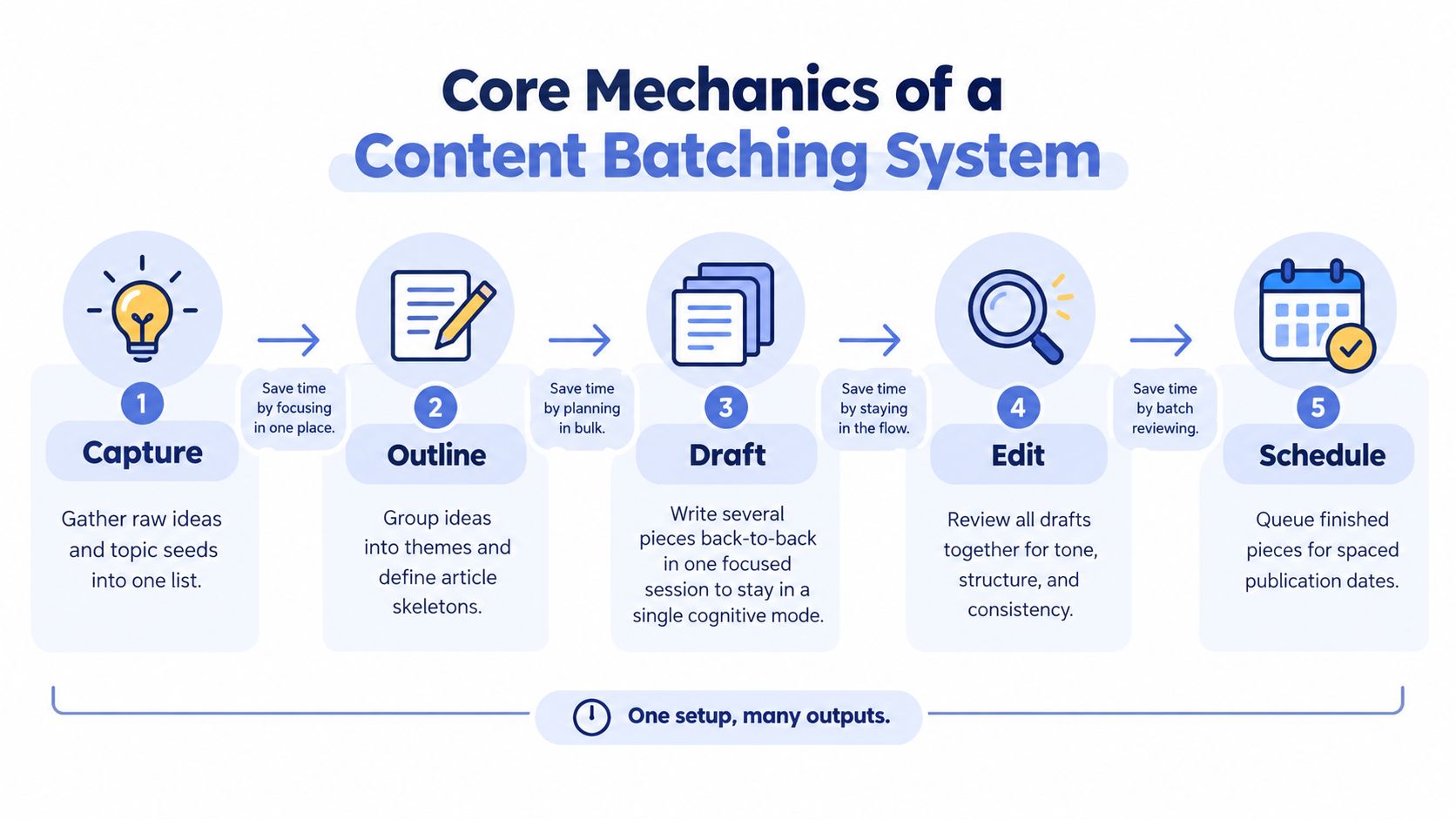A five-step flowchart illustrating the core mechanics of a content batching system for efficient content creation.