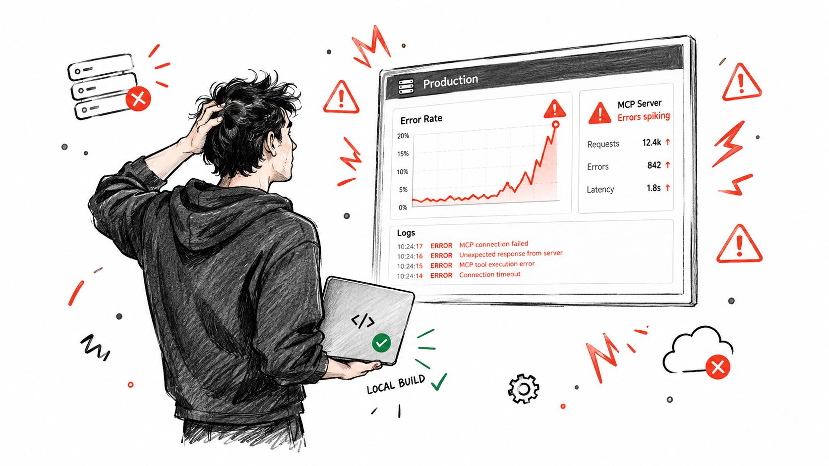 A concerned developer looks at a production dashboard showing critical MCP server errors and spiking logs.
