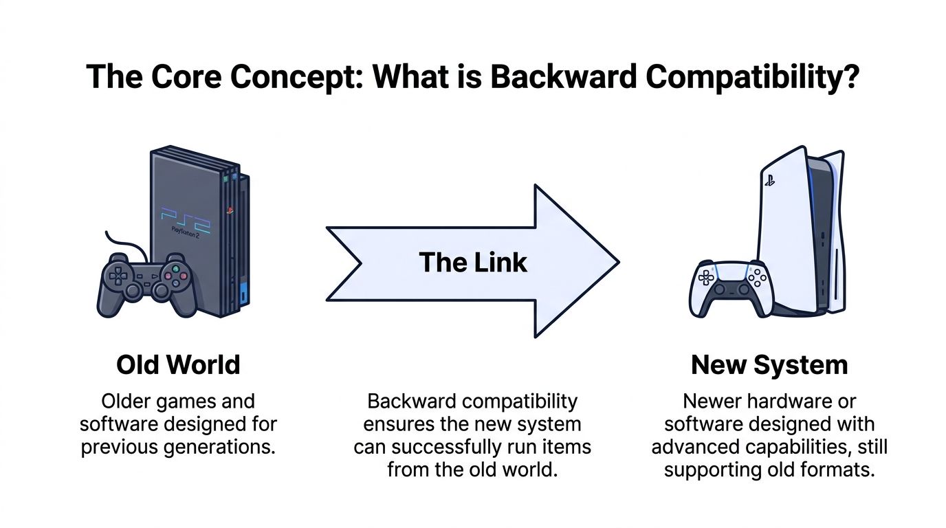 A diagram explaining backward compatibility, showing a PS2 console connecting to a modern PS5 gaming console.