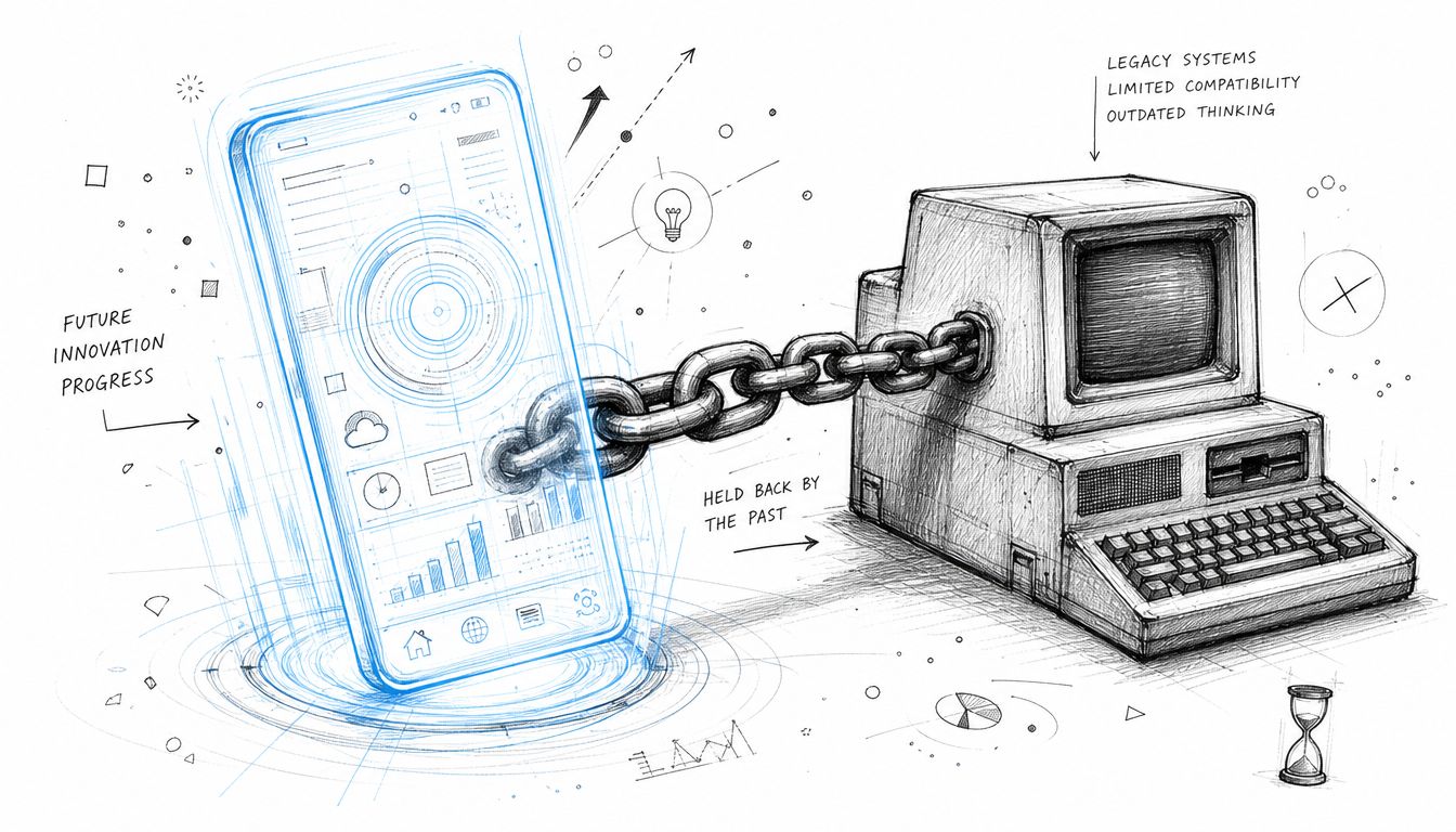 A conceptual sketch showing a modern digital smartphone chained to an old vintage computer monitor.