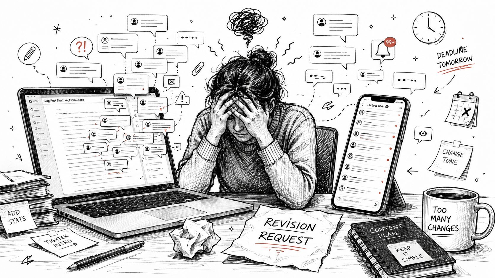 A stressed woman overwhelmed by endless work notifications, emails, and project revision requests at her desk.