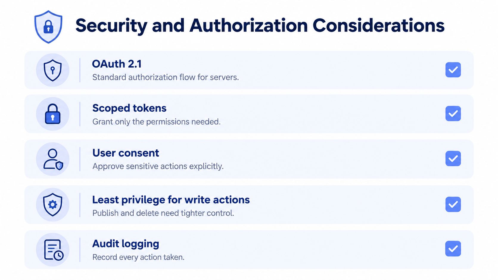 A list of security and authorization considerations for an MCP server, including OAuth 2.1 and audit logging.