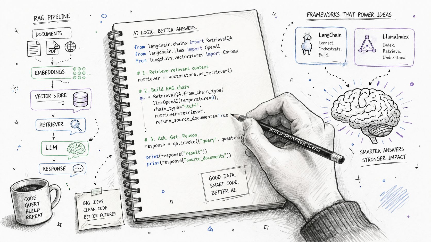A hand-drawn illustration showing a RAG pipeline, code examples, and frameworks for building AI agents.