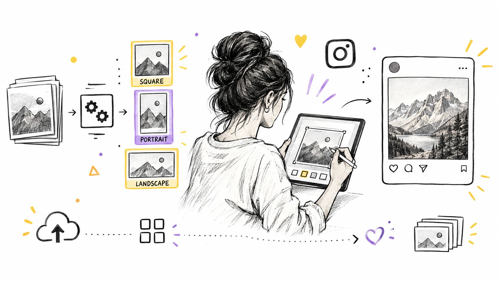 A digital artist uses a stylus to edit a mountain photograph for an Instagram feed post.