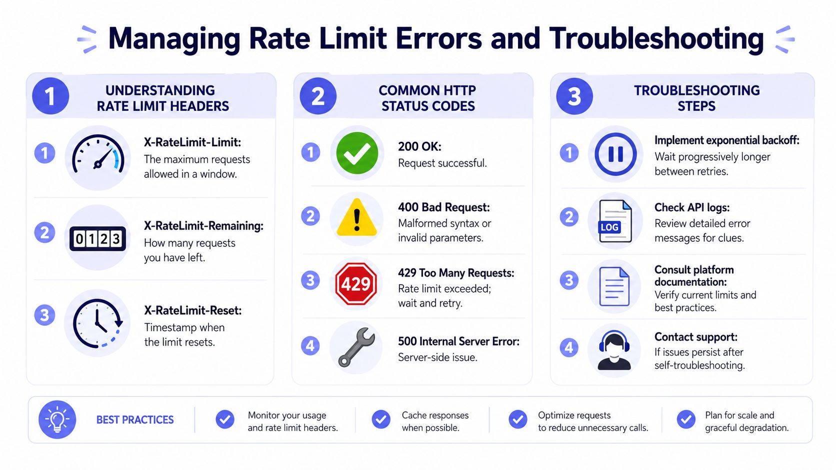 An infographic detailing how to manage rate limit errors, HTTP status codes, and API troubleshooting steps.
