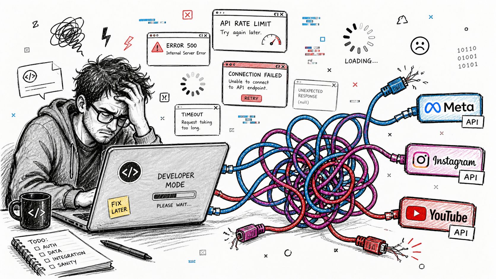 A frustrated developer sitting at a laptop tangled in cables connected to multiple social media API icons.