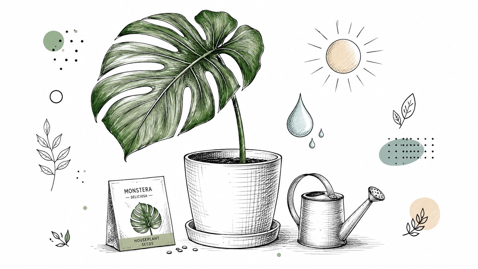 An illustrated monstera deliciosa plant in a ceramic pot next to a seed packet and watering can.