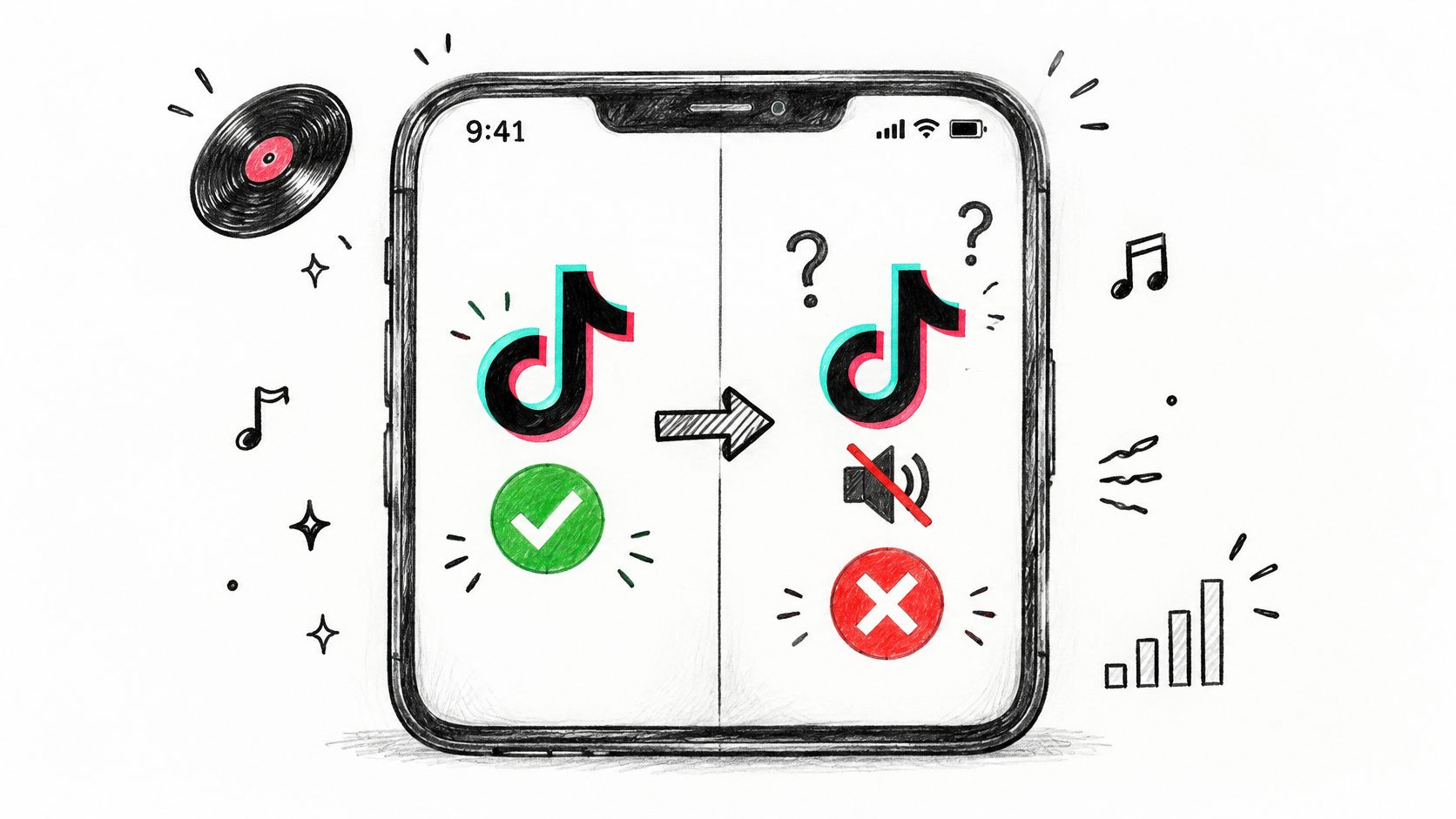 A hand-drawn illustration showing a TikTok logo transition from sound enabled to muted with a red cross.