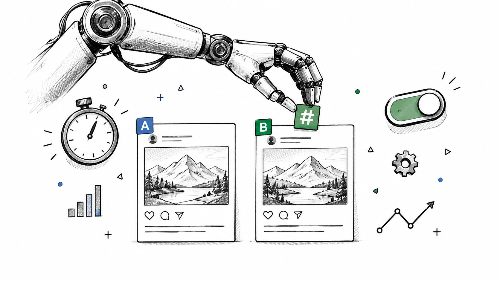 A robotic arm placing a hashtag symbol on a social media post for marketing optimization and analysis.