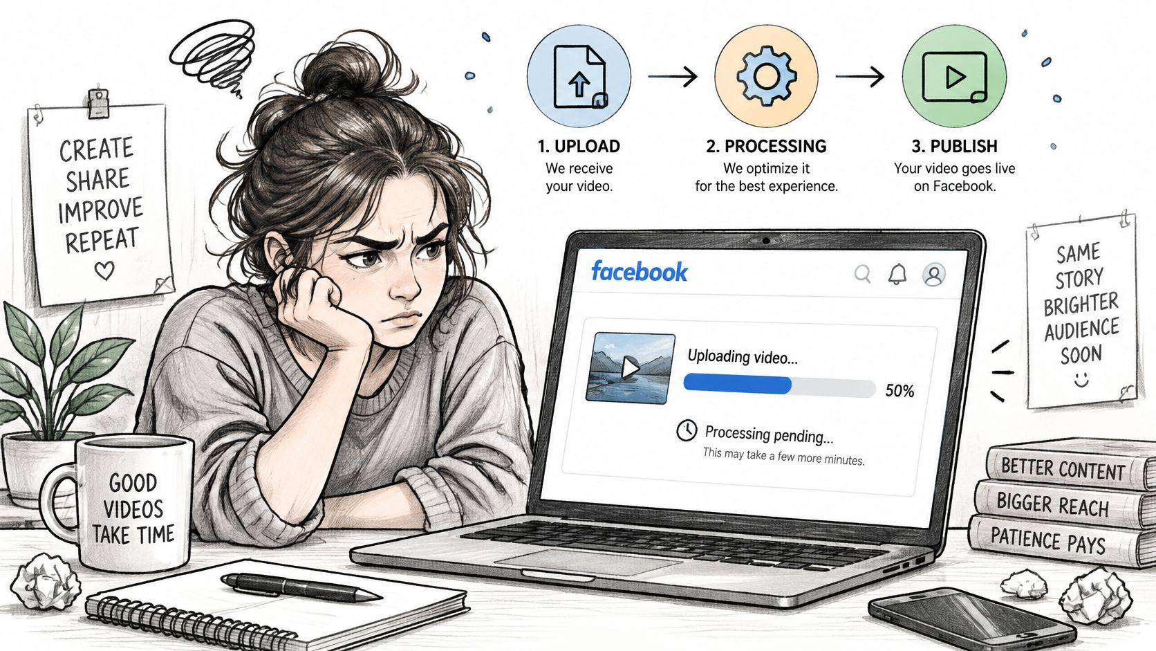 A frustrated content creator waits for a video to finish uploading and processing on a Facebook laptop.