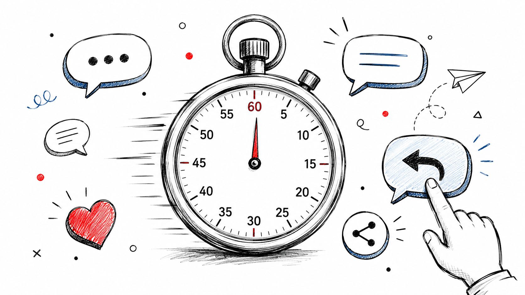 A stopwatch surrounded by social media icons like speech bubbles, a heart, and a sharing symbol.