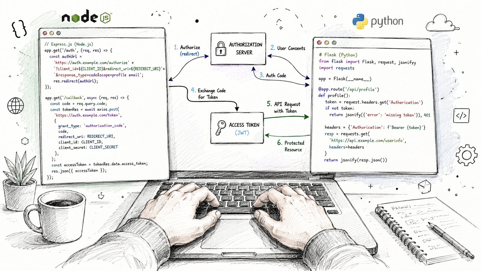 A hand-drawn illustration showing a laptop displaying Node.js and Python code for integrating an authorization flow.
