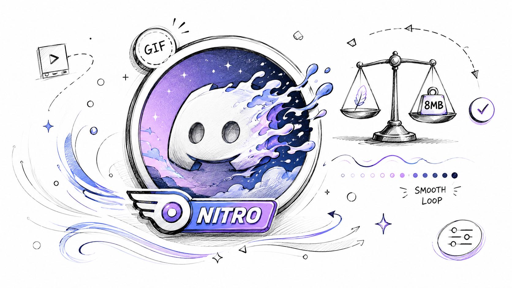 A creative illustration featuring the Discord logo with Nitro branding, representing enhanced file size and features.