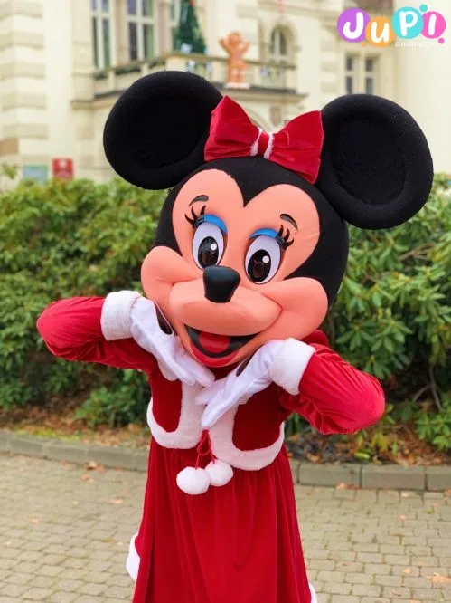 Świąteczna żywa maskotka urocza Myszka Minnie pozująca do zdjęcia w trakcie Jarmarku Świąteczna chodząca żywa maskotka Myszka Minnie na wynajem
