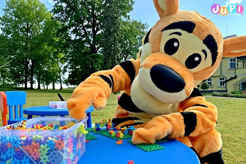 Tygrysek układający klocki Żywa maskotka Tygrysek podczas układania klocków w strefie klocków