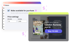 Die Issuu-Benutzeroberfläche zeigt digitale Verkäufe und den Verkauf deiner Inhalte.