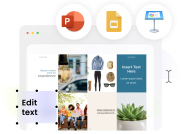 A template of a magazine with PowerPoint, Keynote, and Google Slides icons