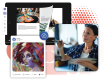 An older woman painting on canvas next to art content on social media and in a digital flipbook