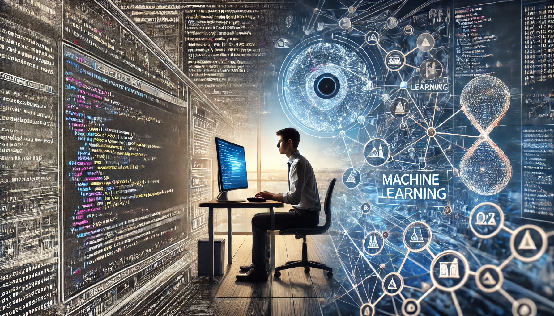 DALL텲 2024-07-17 08.33.10 - A split image showing the difference between traditional programming and machine learning. On the left side, depict a developer manually coding algori