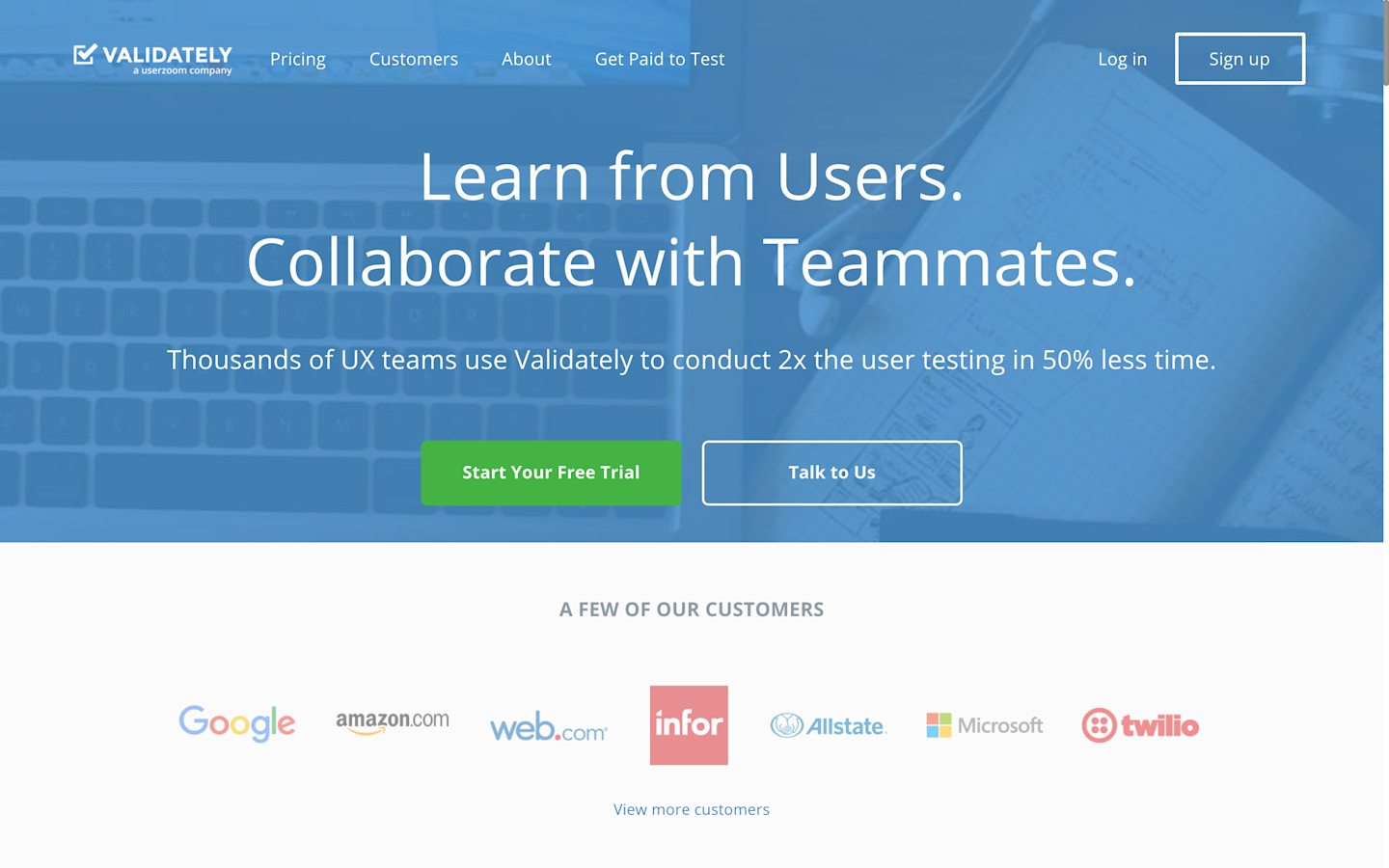 Screenshot of the Validately website.