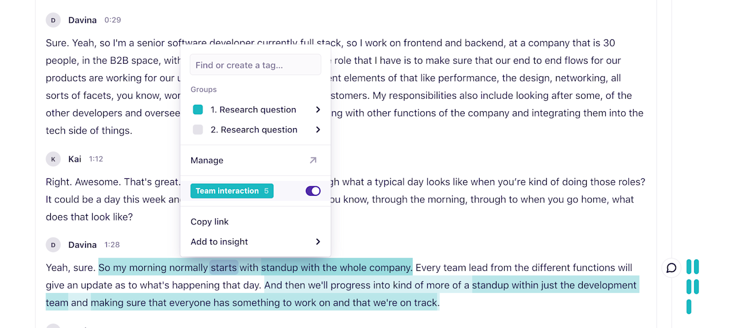 An example of highlighting an entire paragraph with the “team interactions” tag.