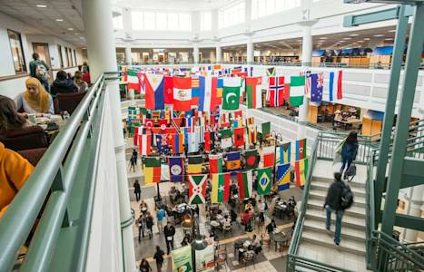 International flags from different countries fly at George Mason University International flags from different countries fly at George Mason University