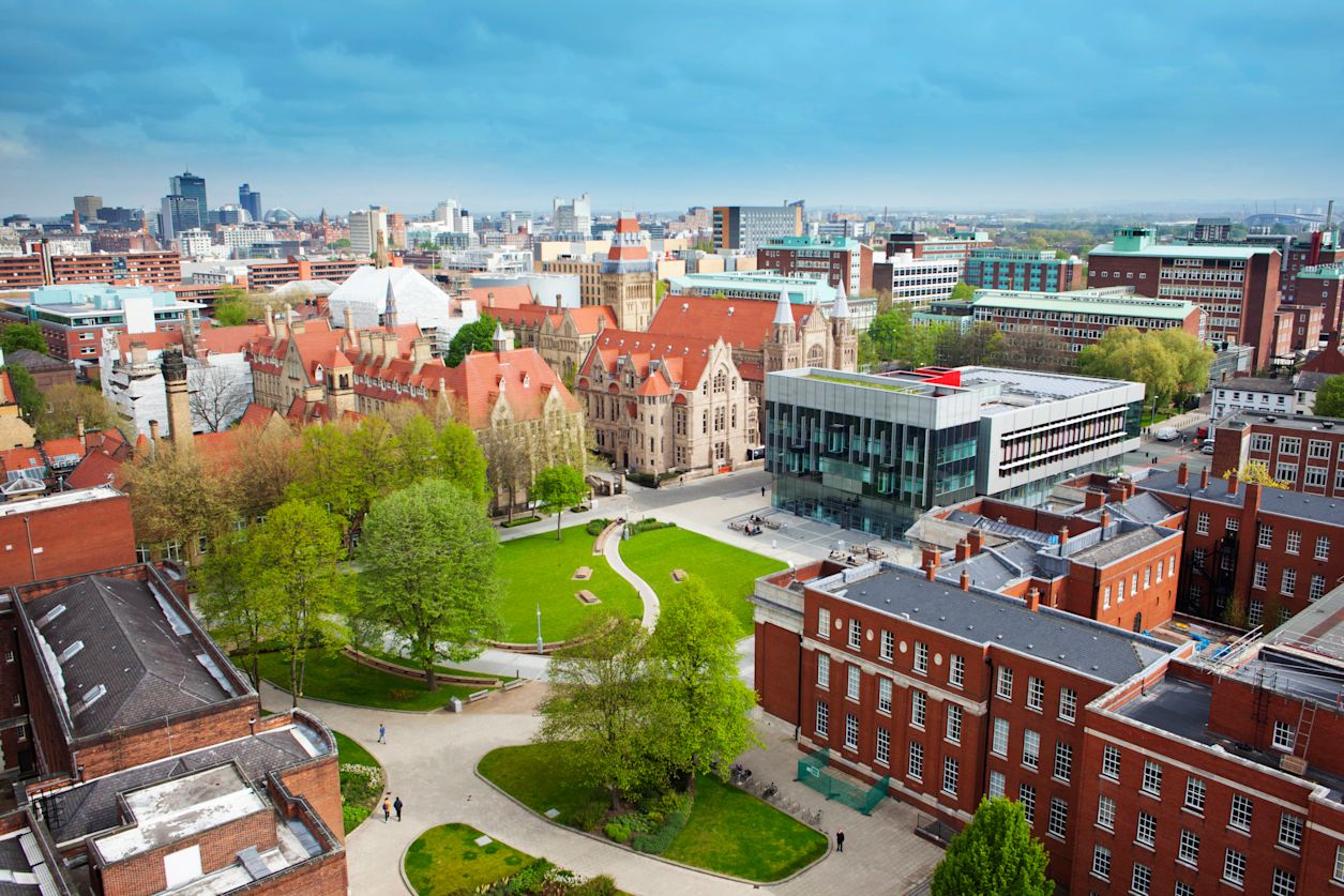 Aerial view of The University of Manchester and the city of Manchester