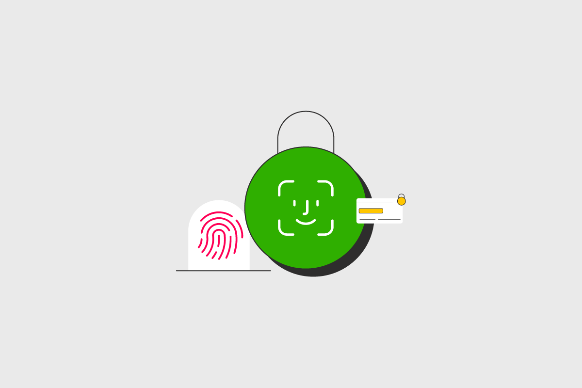 This image showcases the essential components of biometric authentication security. It features a detailed biometric fingerprint, the universally recognized face ID symbol, a sturdy lock, and a symbolic credit card. 