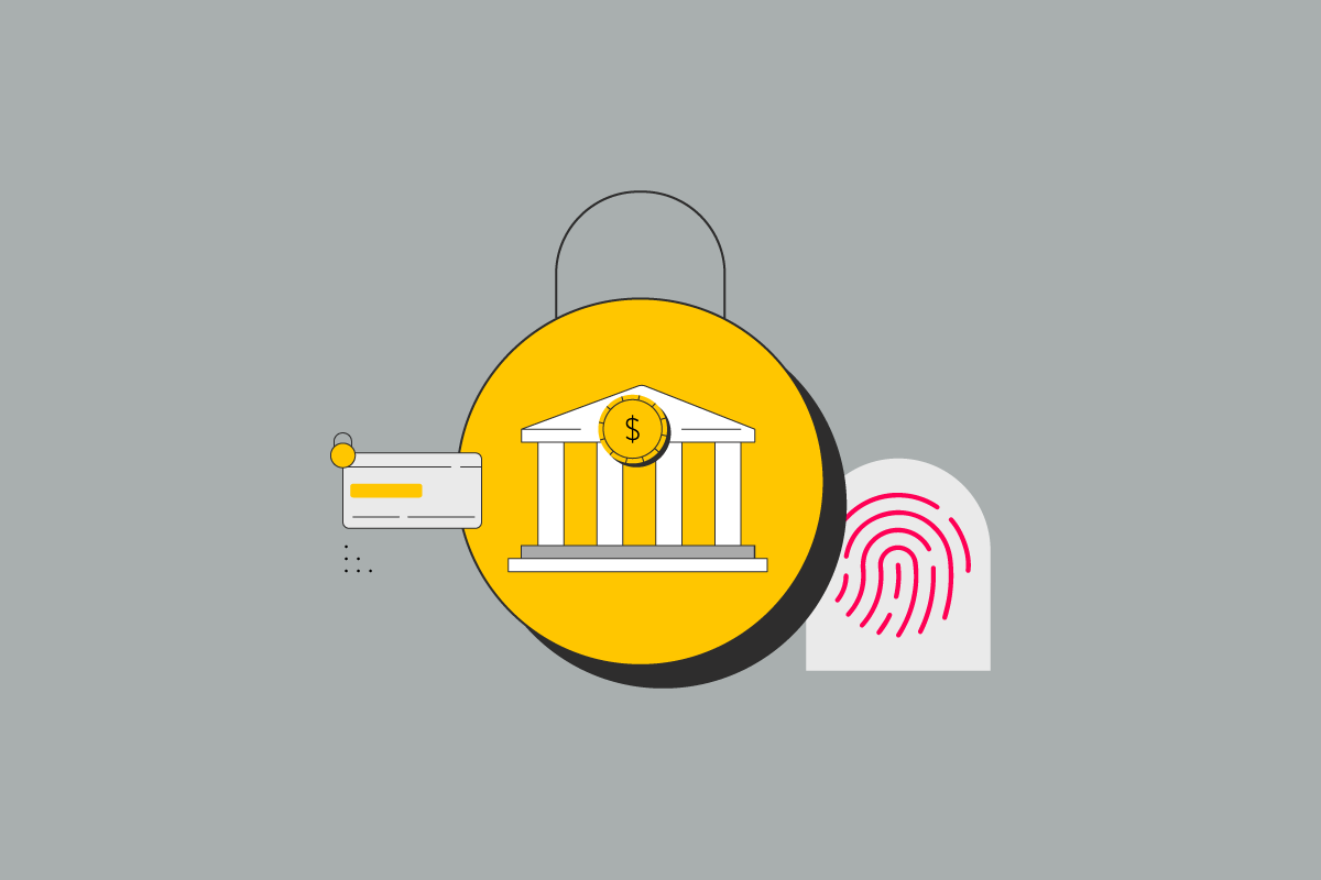 Illustration of a bank in a lock with a biometric fingerprint behind it