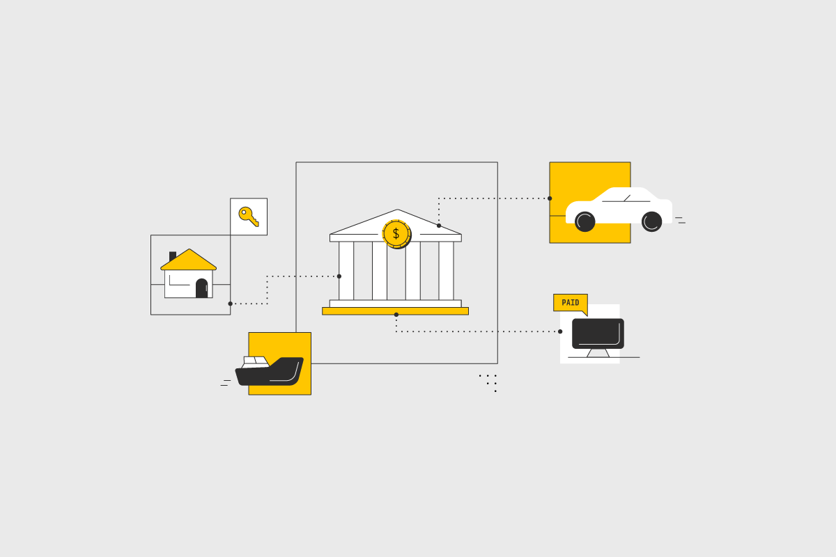 Bank icon surrounded by icons that represent different industries that could benefit from open banking