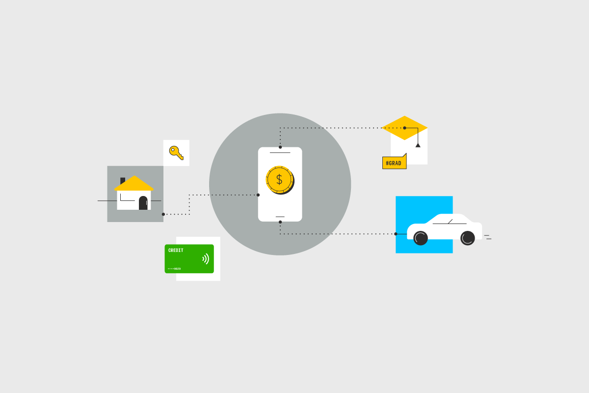 phone connected to a house, credit card, car, and graduation cap representing different kinds of consumer lending that can benefit by utilizing open banking payments.