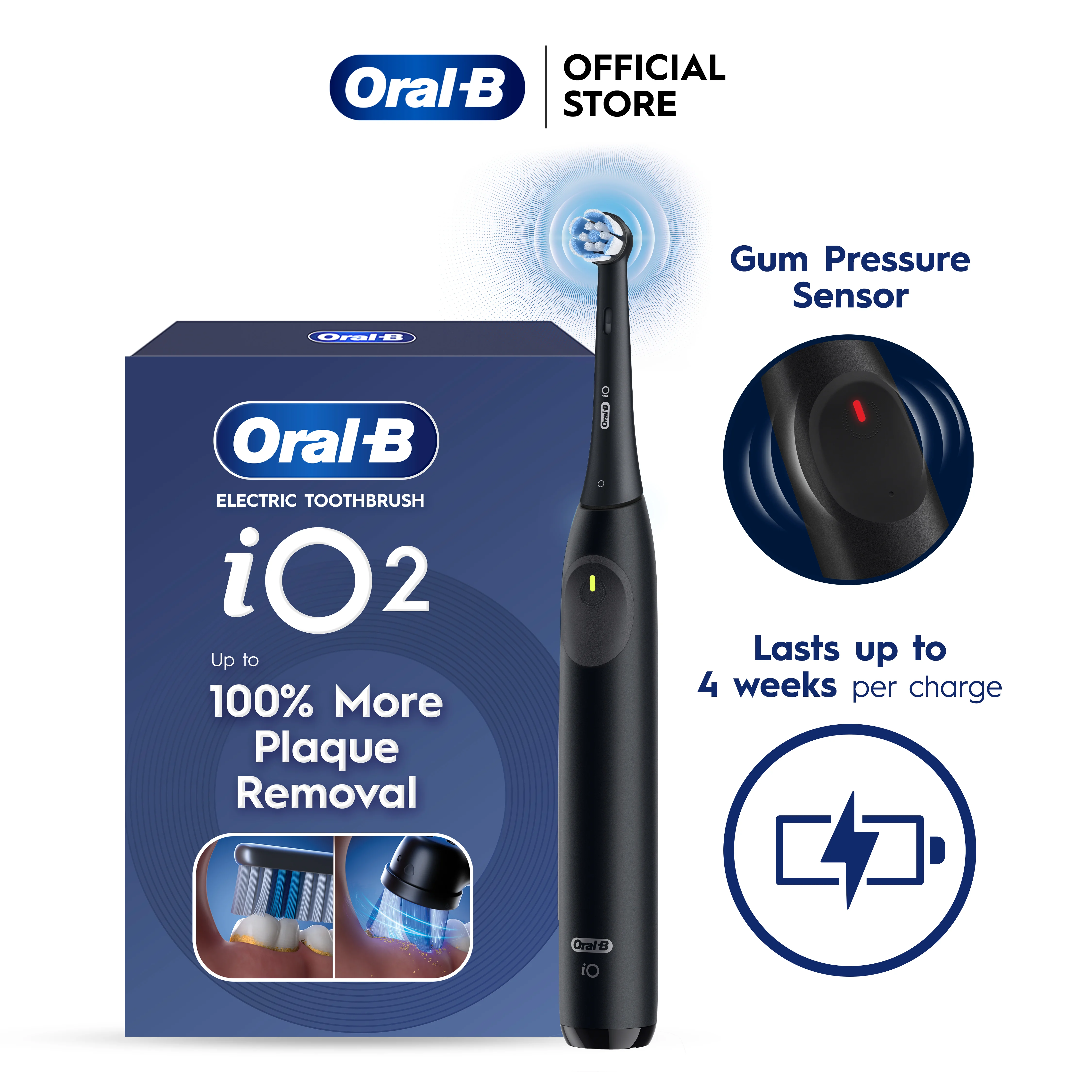 Oral-B iO Series 2 Gentle Clean Sensitive Electric Toothbrush - Black - Product Front View with Packaging 