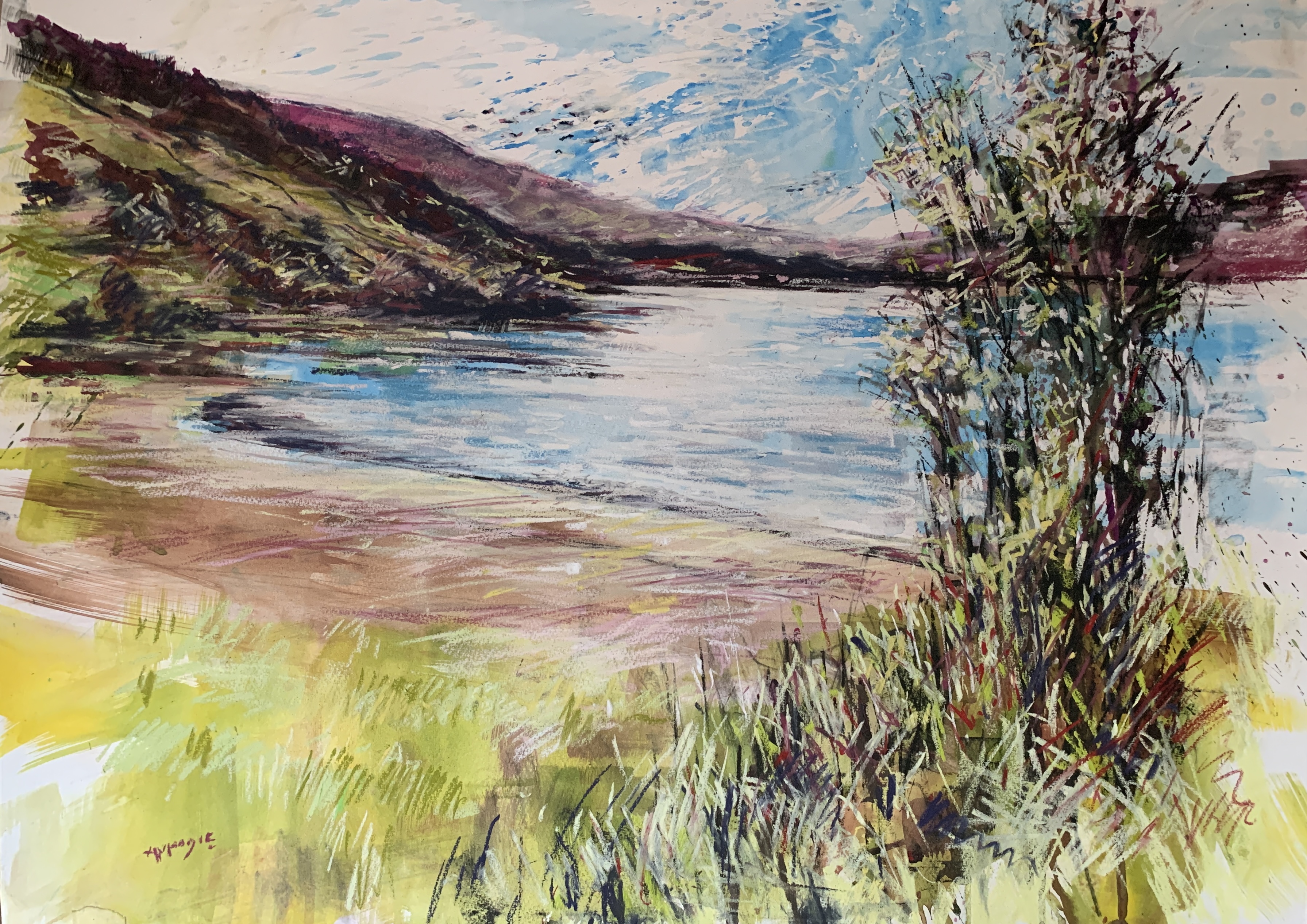 Geese Over Sparkling Waters (mixed media, mounted)