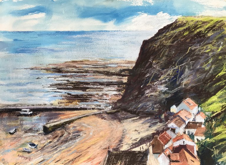 The Beach at Staithes (mixed media, mounted)