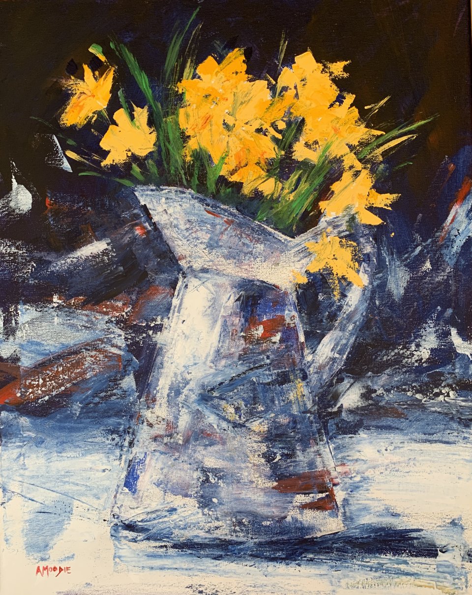 Jug of Yellow Daffodils (acrylic on canvas)
