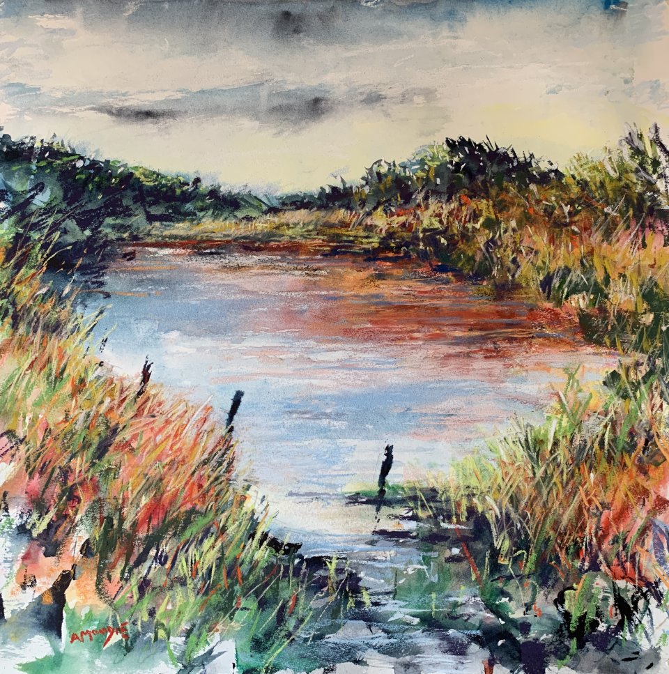 Pond By the Sea (mixed media, mounted)