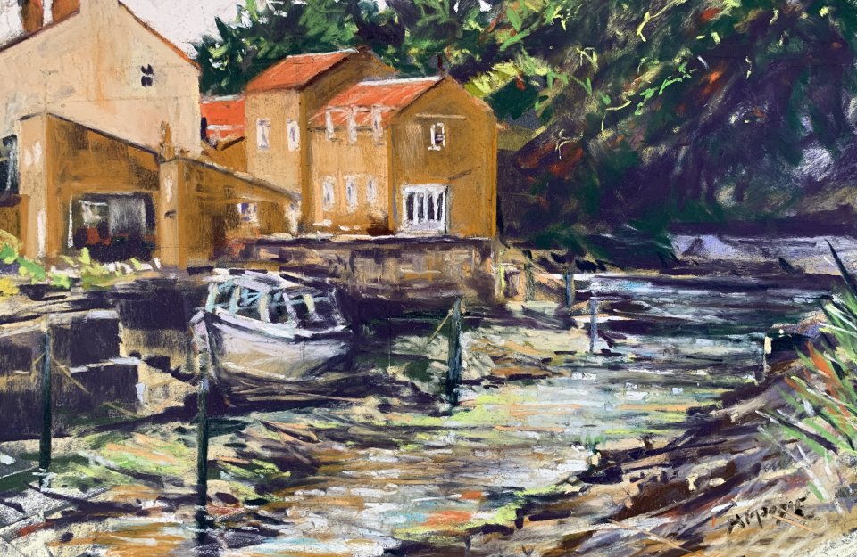 Afternoon Light on the Beck, Staithes (pastel, mounted)